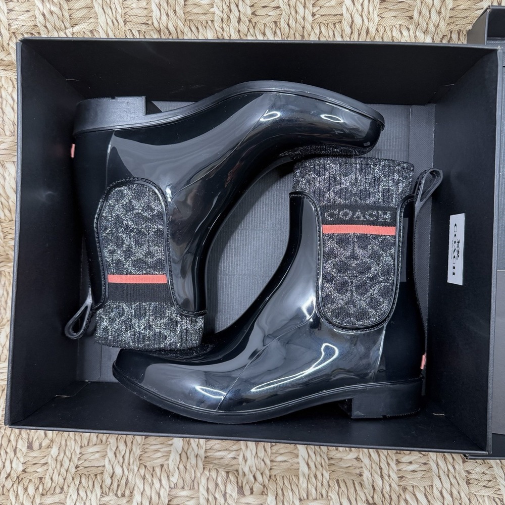 Coach Rivington Black Rubber Chelsea Rain Booties Women's 6 Waterproof Boots